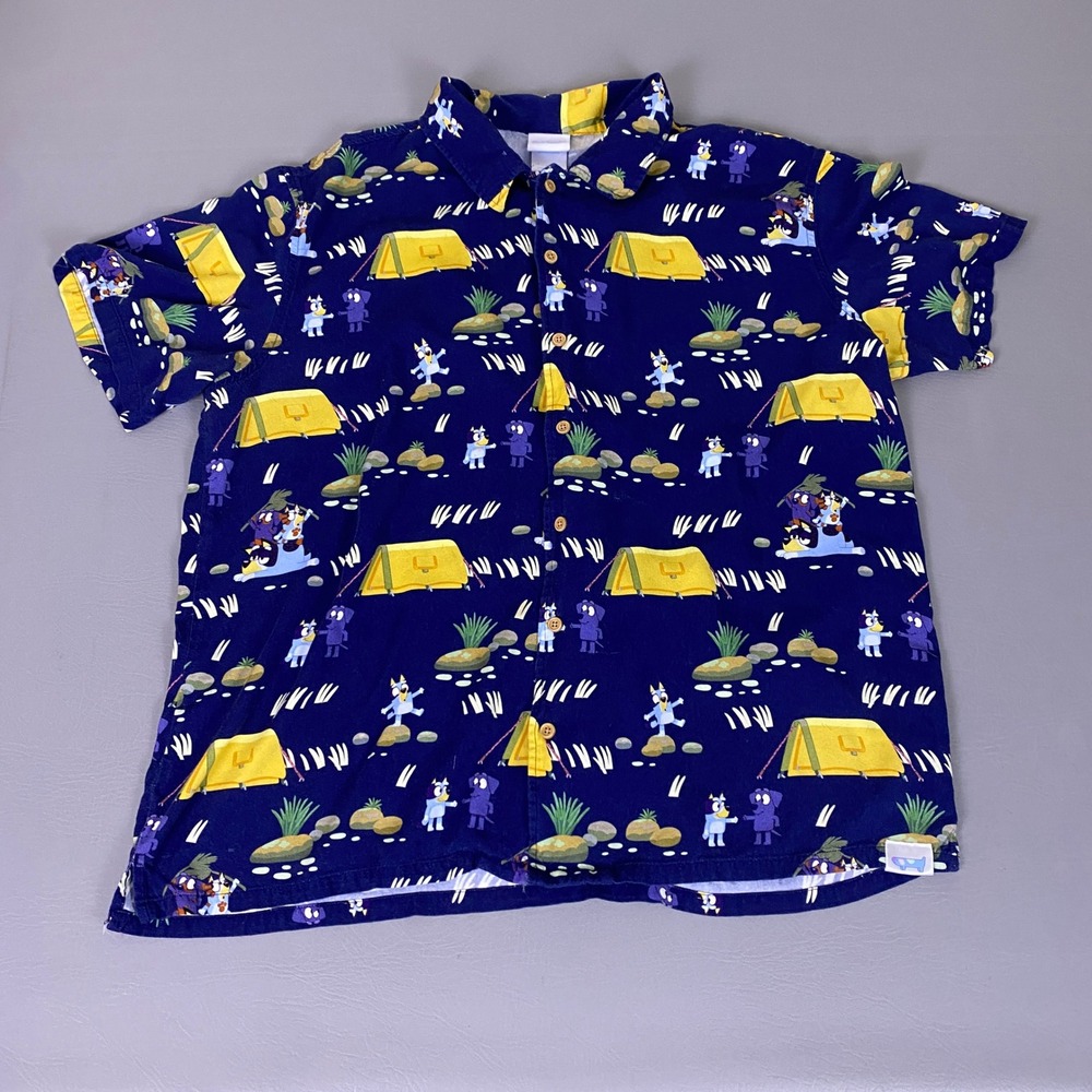Bluey Button Up Shirt Men's XL Navy Blue Rayon Short Sleeve Camping Print *Wear*